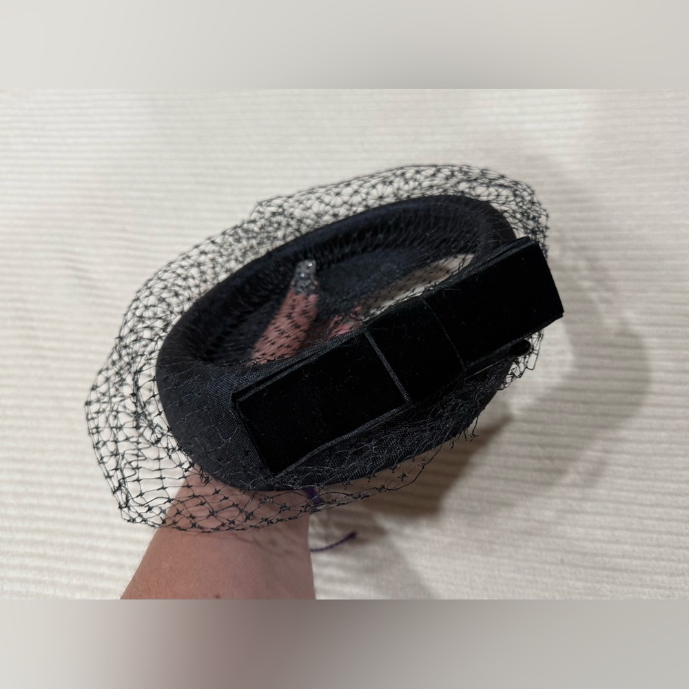 Vintage Black Pillbox Hat with Veil, Pin & Velvet Bow – Union Made. ONE SIZE